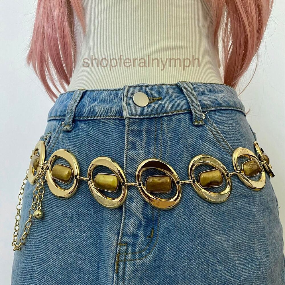 Gold Y2K Retro Boho Chunky Brown Stone Chain Belt, Fits 17-45 Inches, X7GA1532